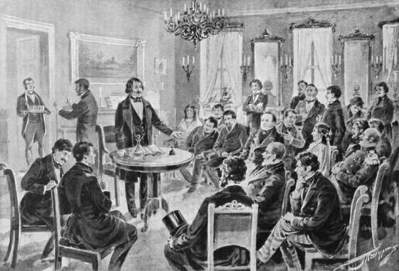 Ю. Шюблер. Н. Гоголь читает «Ревизора» артистам Малого театра 5 ноября 1851 года